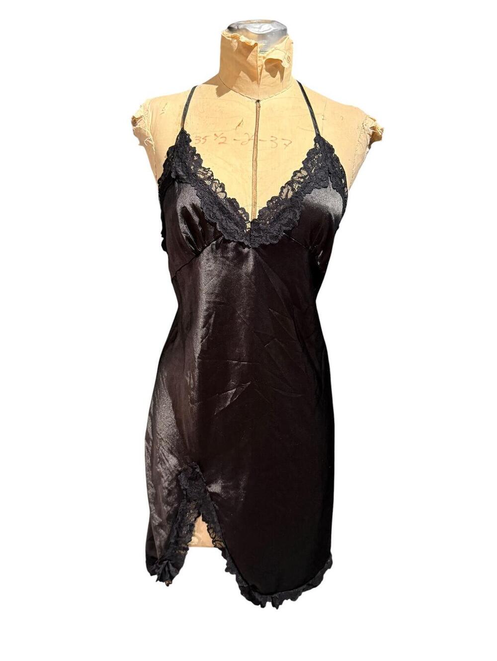 Black Satin Lace Trim Slip Dress with Crisscross Back